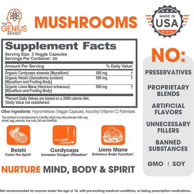 Genius Mushroom Supplement - Lions Mane, Cordyceps, Reishi - Brain Nootropic for Energy, Focus, Overall Wellness, &amp; Immune Support - 90 Capsules