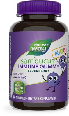 Nature&#39;s Way Sambucus Elderberry Immune Gummies for Kids, Immune Support Gummies*, with Black Elderberry Extract, Vitamin C and Zinc, 60 Gummies (Packaging May Vary)