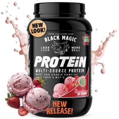 Black Magic Protein Powder - New Look - Whey, Egg, and Casein Complex with Enzymes &amp; MCT Powder - Pre Workout and Post Workout - Strawberry Ice Cream Protein Powder - 24g Protein - 2 LB