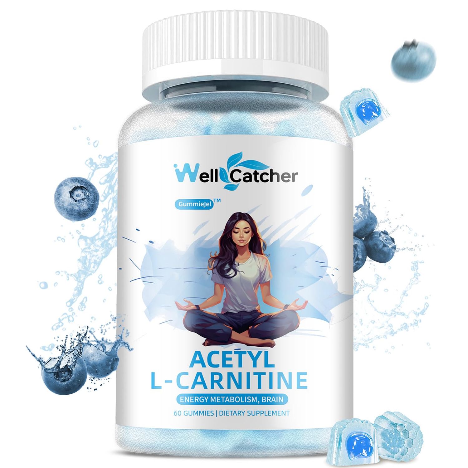 Wellcatcher Acetyl L-Carnitine Gummies 1000 MG - Sugar Free L-Carnitine Supplement for Muscular Endurance, Brain Health, Energy Metabolism - Vegan Non-GMO - Blueberry Flavoured - 60 Counts
