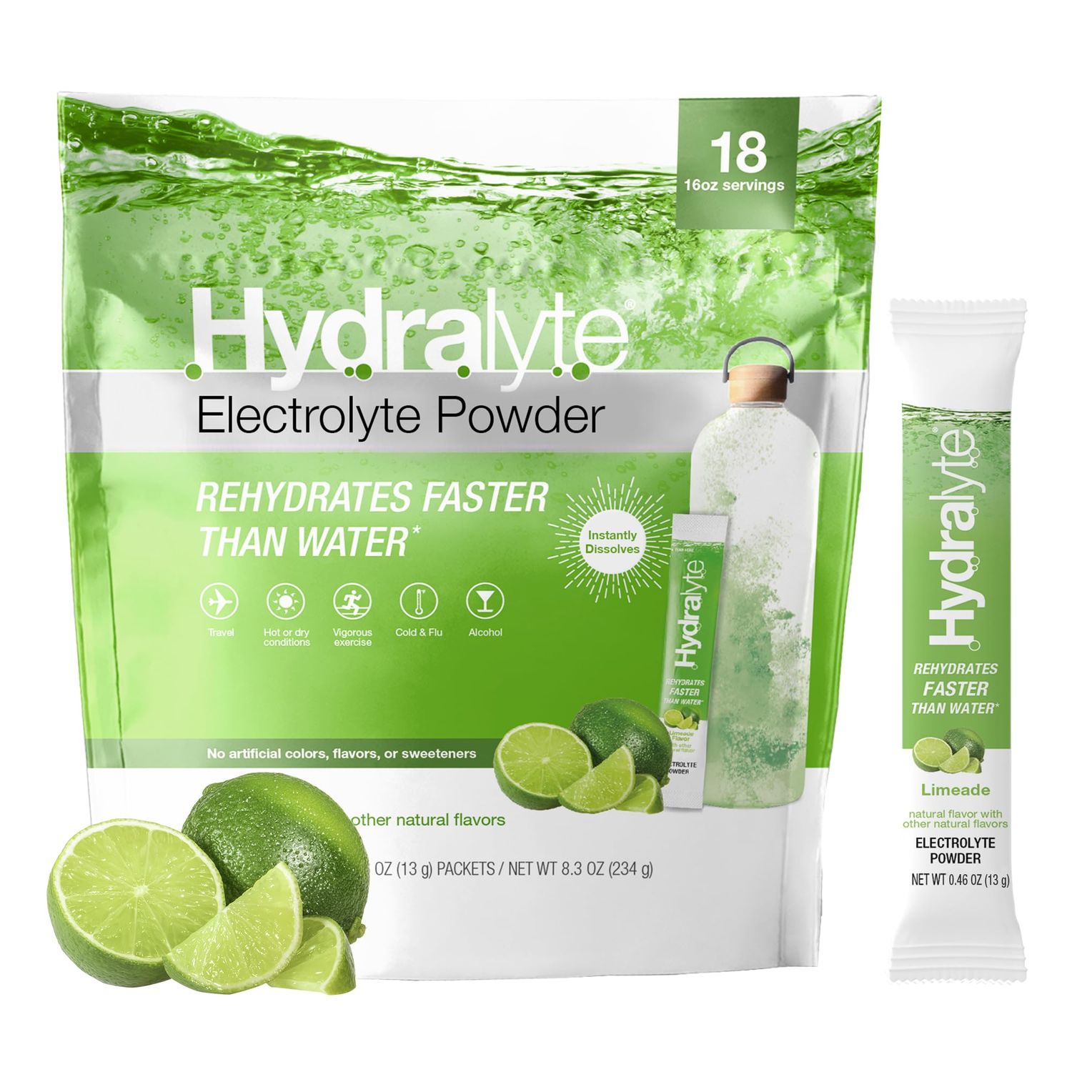 Hydralyte Low Sugar Rapid Rehydration - Lightly Sparkling Electrolyte Powder Packets, 16 oz Serve | Limeade Hydration Packets | Hydration for Heat, Travel Essential - Workout Essential (18 Count)