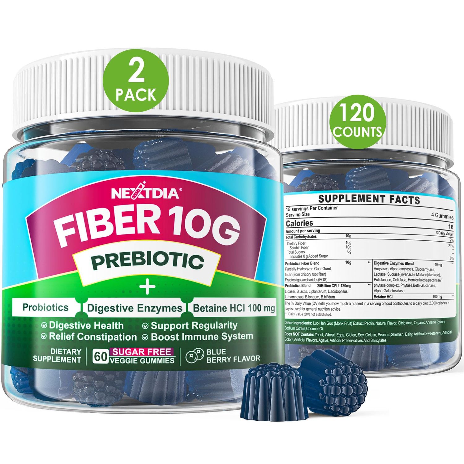 Fiber Gummies for Adults, Sugar Free 10g Prebiotic Fiber Supplement with Digestive Enzymes, Probiotics &amp; 100mg Betaine for Digestive &amp; Gut Health and Regulate Bowel Movement, Vegan, Gelatin Free,120ct