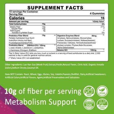 Fiber Gummies for Adults, Sugar Free 10g Prebiotic Fiber Supplement with Digestive Enzymes, Probiotics & 100mg Betaine for Digestive & Gut Health and Regulate Bowel Movement, Vegan, Gelatin Free,120ct