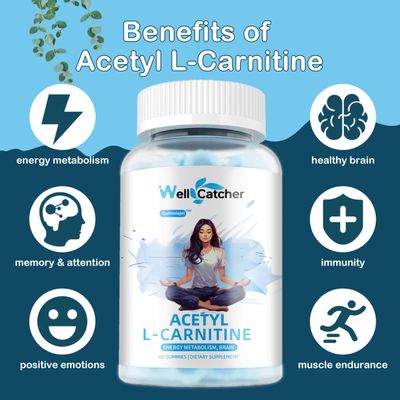 Wellcatcher Acetyl L-Carnitine Gummies 1000 MG - Sugar Free L-Carnitine Supplement for Muscular Endurance, Brain Health, Energy Metabolism - Vegan Non-GMO - Blueberry Flavoured - 60 Counts