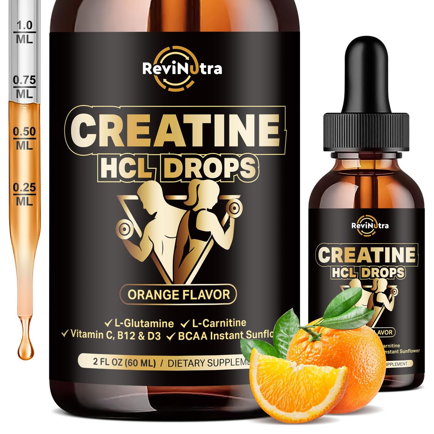 Creatine HCL Liquid Drops for Men &amp; Women, 1500mg Liquid Creatine Hydrochloride for Muscle Growth &amp; Recovery, Promote Energy, Boost Strength, High Absorption, 2 Fl Oz, Sugar-Free Orange Flavor