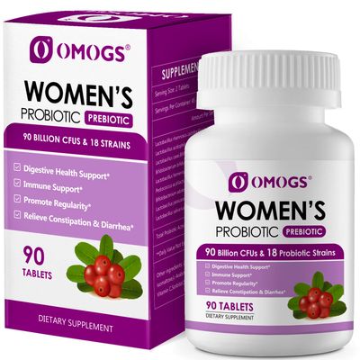 OMOGS Women&#39;s Probiotic, with Cranberry Extract, Organic Prebiotics &amp; Vitamin C, 90 Billion CFUs,18 Strains, Help for Boost Immune, Digestive, Gut Health &amp; Women&#39;s Health, Gluten &amp; Soy Free,90 Tablets