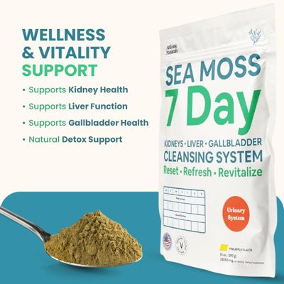 Atlantic Naturals Sea Moss 7 Day Detox Liver, Gallbladder &amp; Kidney Cleanse - Support with Dandelion Root, Milk Thistle, Burdock Root, Red Clover, Chanca Piedra - Pineapple Flavor Drink Mix (14 oz)