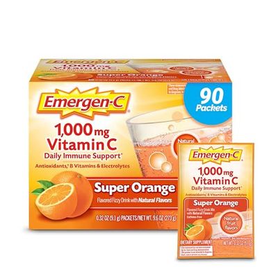 Emergen-C 1000mg Vitamin C Powder for Daily Immune Support Caffeine Free Vitamin C Supplements with Zinc and Manganese, B Vitamins and Electrolytes, Super Orange Flavor - 90 Count/3 Month Supply