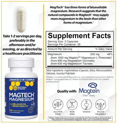 MagTech Magnesium Supplement - Chelated Magnesium Complex - 3 Forms of Magnesium: Magtein Magnesium L-Threonate, Glycinate &amp; Taurate - Supports Relaxation &amp; Brain Health*, 90 Magnesium Capsules