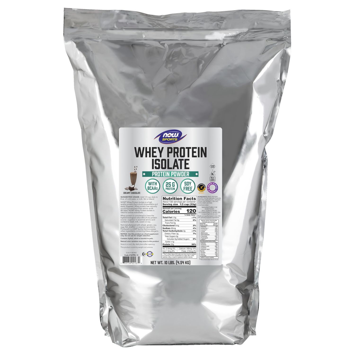 NOW Foods Sports Nutrition, Whey Protein Isolate, 25 g With BCAAs, Creamy Chocolate Powder, 10-Pound
