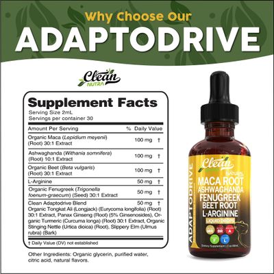 Maca Root Liquid Drops with Ashwagandha, Fenugreek, Beet Root and L-Arginine Liquid Multivitamin for Women and Men - Adapto Drive by Clean Nutra
