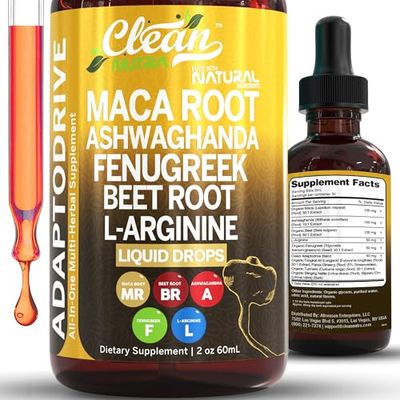 Maca Root Liquid Drops with Ashwagandha, Fenugreek, Beet Root and L-Arginine Liquid Multivitamin for Women and Men - Adapto Drive by Clean Nutra