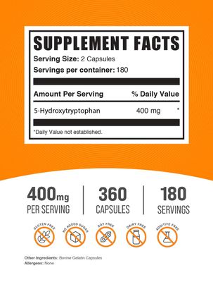 BulkSupplements.com 5-HTP Capsules - 5-Hydroxytryptophan, 5 HTP Supplement - 5-HTP 400mg, for Overall Well-Being - Gluten Free, 2 Capsules per Serving, 360 Capsules (Pack of 1)