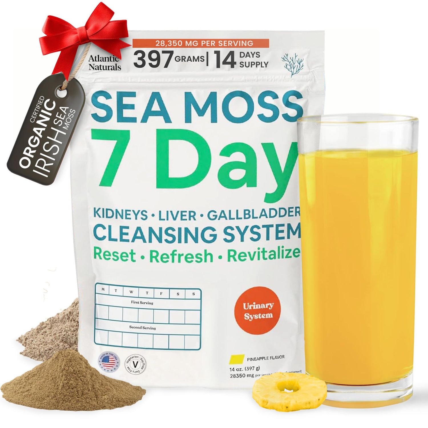 Atlantic Naturals Sea Moss 7 Day Detox Liver, Gallbladder &amp; Kidney Cleanse - Support with Dandelion Root, Milk Thistle, Burdock Root, Red Clover, Chanca Piedra - Pineapple Flavor Drink Mix (14 oz)