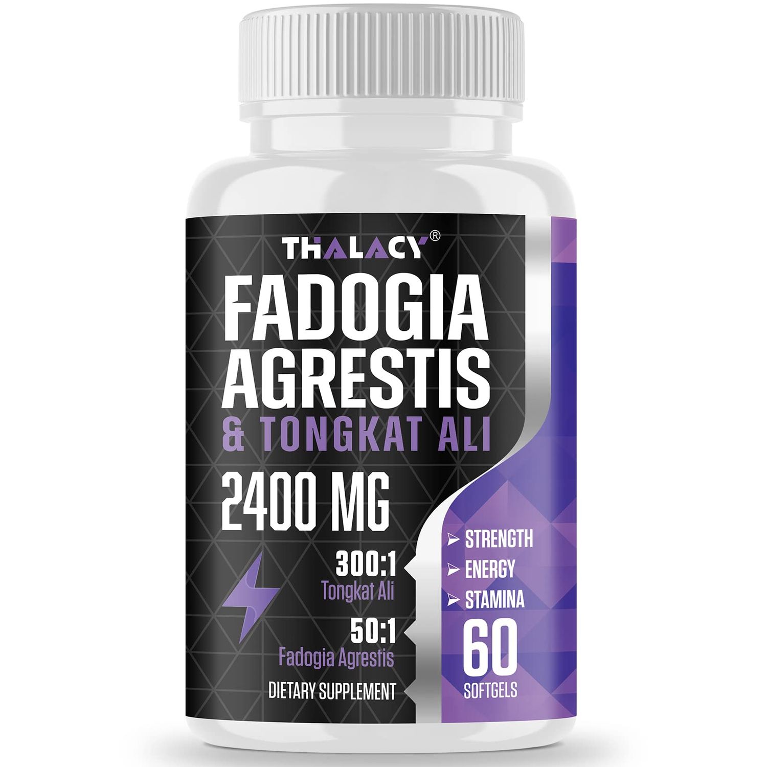 Thalacy 2400mg Fadogia Agrestis Tongkat Ali Supplement - Fadogia Agrestis 1400mg &amp; Tongkat Ali 1000mg Ultra Blend, Maximum Strength, Muscle Mass &amp; Athletic Performance, 60 Softgels