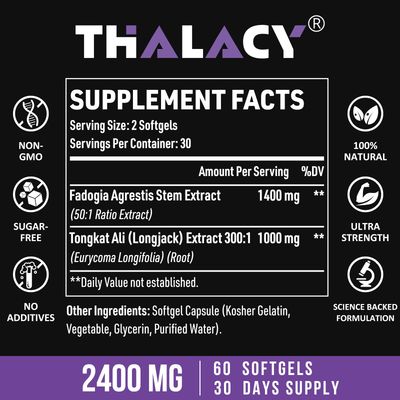 Thalacy 2400mg Fadogia Agrestis Tongkat Ali Supplement - Fadogia Agrestis 1400mg &amp; Tongkat Ali 1000mg Ultra Blend, Maximum Strength, Muscle Mass &amp; Athletic Performance, 60 Softgels