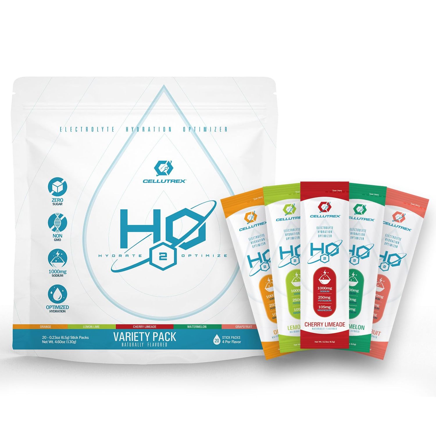 Cellutrex H2O Electrolytes - Variety Pack - Zero Sugar Salt Hydration Packets, Additive-Free, Non-GMO Electrolytes Powder for Workouts, Fasting &amp; More, 20 Easy-Open Sticks