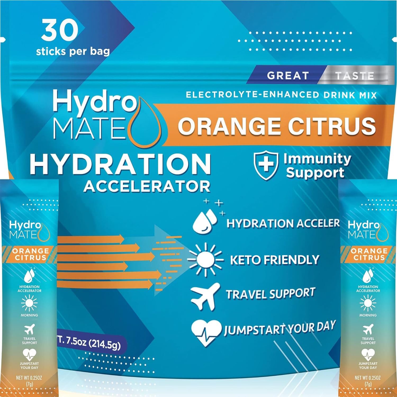 HydroMATE Electrolytes Powder with Low Sugar - 30 Count Instant Hydration Packets with Vitamin C Orange to Boost Energy - Low Sugar Electrolytes Powder Packets to Support Hydration Fast Party Recovery