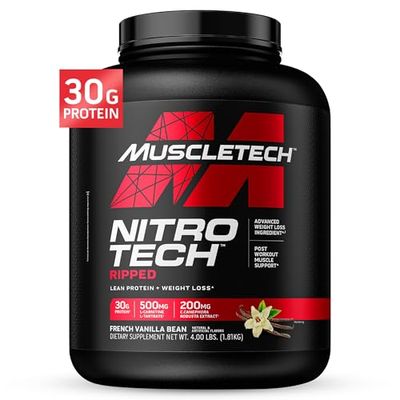 Muscletech Whey Protein Powder (French Vanilla Bean, 4LB) - Nitro-Tech Ripped Whey Protein Isolate &amp; Peptides Smoothie Mix for Lean Muscle &amp; Fast Recovery - 30g of Whey Protein for Women &amp; Men