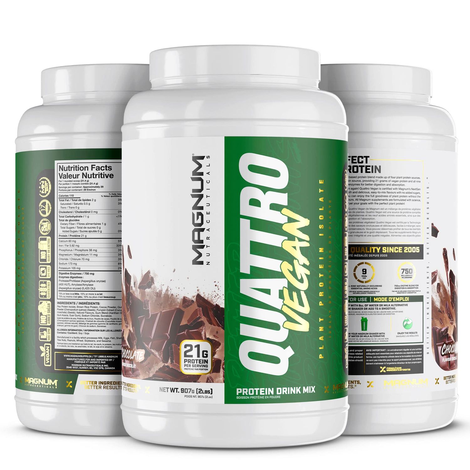 Magnum Nutraceuticals Quattro Vegan Protein Powder, Chocolate 2lb - Premium Plant-Based Protein Powder Isolate for Muscle Growth &amp; Recovery