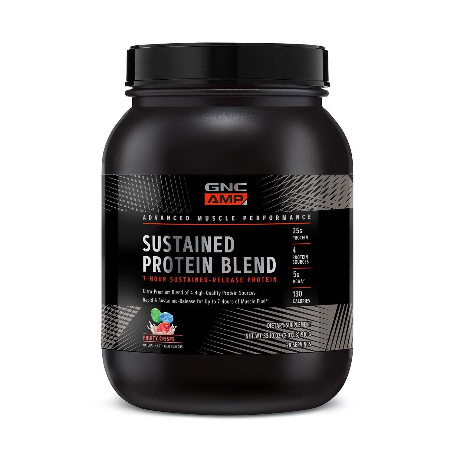 GNC AMP Sustained Protein Blend | Targeted Muscle Building and Exercise Formula | 4 Protein Sources with Rapid &amp; Sustained Release | Gluten Free | Fruity Crisps | 28 Servings