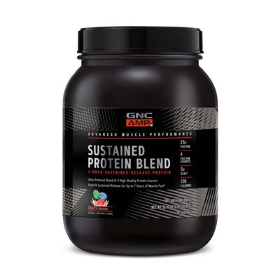 GNC AMP Sustained Protein Blend | Targeted Muscle Building and Exercise Formula | 4 Protein Sources with Rapid &amp; Sustained Release | Gluten Free | Fruity Crisps | 28 Servings