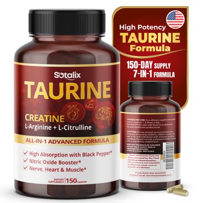 Taurine 14,400mg with Creatine, L-Arginine, L-Citrulline High Absorption with Black Pepper Nitric Oxide Booster, Muscle USA Made &amp; Tested (150 Count (Pack of 1))