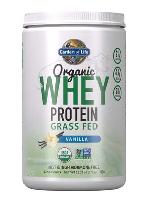 Garden of Life Grass Fed Whey Protein Powder Vanilla - 21g Protein for Women &amp; Men + Probiotics - 12 Servings - Gluten Free, Non GMO, Kosher, Humane, RBST &amp; rBGH Hormone Free