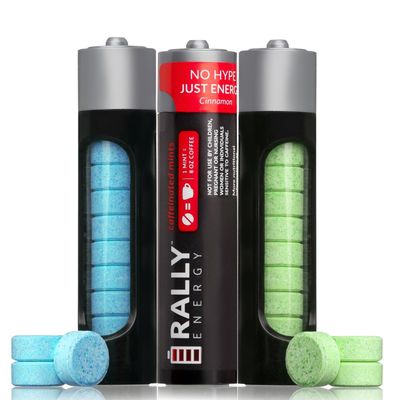 Rally Caffeine Mints, 60milligram Caffeine, Instant Energy, Fresh Breath Caffeinated Mints, 0 Sugar, Natural Peppermint, Cinnamon, Wintergreen Variety Pack (3 Packs, 30 Mints)