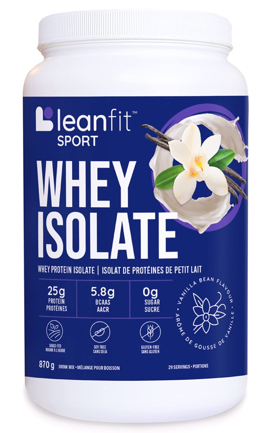 LEANFIT Sport Grass-Fed 100% WHEY Isolate Protein Powder, Natural Vanilla, Gluten Free, Keto-Friendly, Zero Sugar, Low Carb, 25g Protein, 29 Servings, 870g Tub