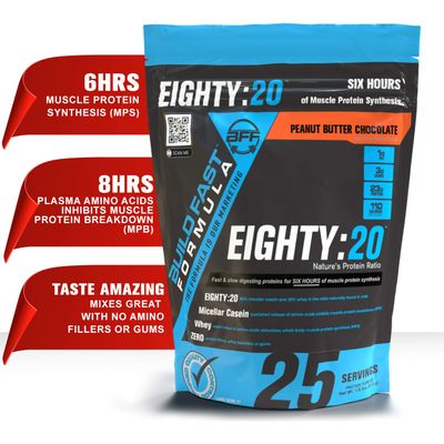 Eighty:20 Protein Powder Casein &amp; Whey Blend | Fast &amp; Slow Digesting Proteins for 6 Hours Muscle Protein Synthesis for Men &amp; Women | Keto Friendly &amp; Great Tasting (Peanut Butter Chocolate)