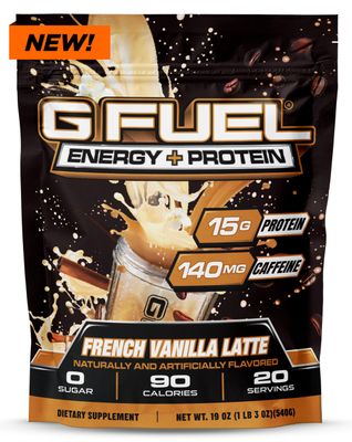 G Fuel Protein + Energy Drink Powder, Pre Workout Caffeine Powder, Energy Powder Drink Mix for Gaming, Sugar Free Focus Amino, Vitamin + Antioxidants, 19oz (French Vanilla Latte, 20 Servings)