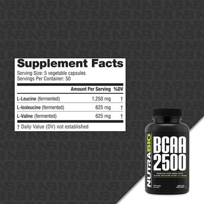 NutraBio - BCAA 2500 - Branched Chain Amino Acids - Support New Muscle Growth and Prevent Muscle Breakdown - 250 Capsules