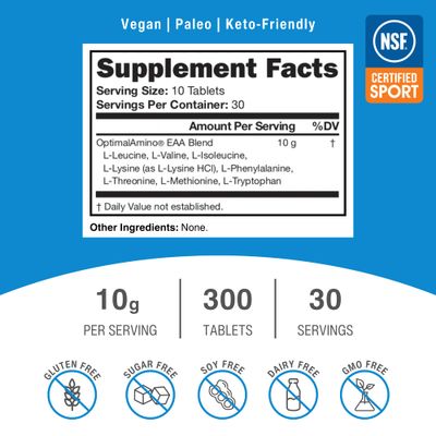 OptimalAmino Tablets 300 Count | 99% Utilized Essential Amino Acid (EAA) Supplement, Increase Muscle Recovery, BCAA Protein Pre/Post Workout | NSF Certified for Sport Certified