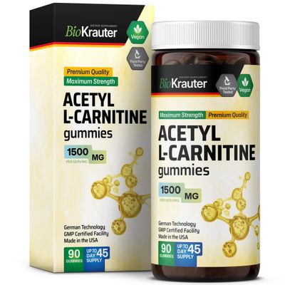 BIO KRAUTER Acetyl L Carnitine Gummies - 1500 mg Strength - 90 Vegan Chews - L-Carnitine Supplement - Amino Acid Acetyl L- Carnitine - Pectin-Based, Non-GMO