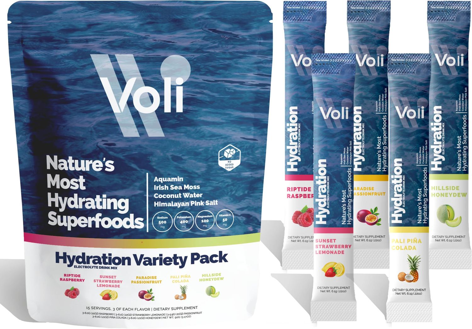 Voli Hydration, Variety Pack, Superfood Hydration, Irish Sea Moss, Aquamin (Natural Magnesium), Coconut Water, Himalayan Pink Salt, Low-Calorie Hydration, 15 Servings (Pack of 1)