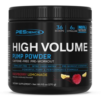 PEScience High Volume Nitric Oxide Booster Pre Workout Powder with L Arginine Nitrate, Raspberry Lemonade, 36 Scoops, Caffeine Free