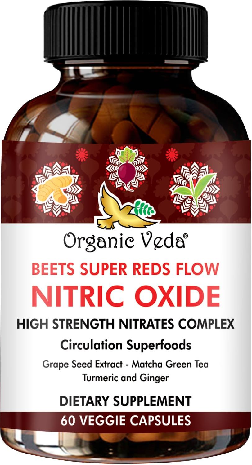 Organic Veda Beet Root Grape Seed &amp; Red Spinach Nitric Oxide Capsules - Concentrated Beets Nitrates Supplements with Circulation Booster Green Tea Extract, Turmeric, Pomegranate - 60 Vegan Pills