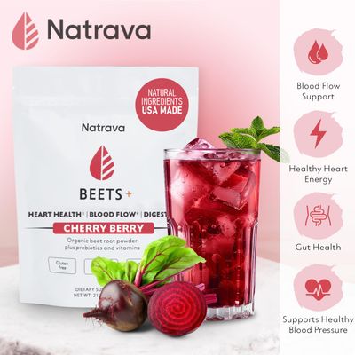 Natrava Beets+ Organic Beet Root Powder Blend with Vitamins &amp; Prebiotics for Blood Pressure Support - Beetroot Juice Powder for Heart Health