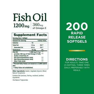 Nature's Bounty Fish Oil, Supports Heart Health, 1200 Mg, 360 Mg Omega-3, Rapid Release Softgels, 200 Ct