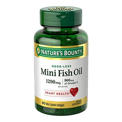 Nature&#39;s Bounty Mini Fish Oil Softgels 1290 mg, Omega-3, Supports Heart Health, Odor-Less, 90 Mini Coated Softgels