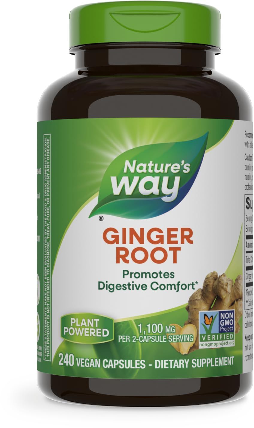 Nature&#39;s Way Ginger Root, Promotes Digestive Comfort*, Reduces Motion-Related Nausea*, 1,100 mg Per 2-capsule Serving, Non-GMO Project Verified, Vegan, 240 Capsules (Packaging May Vary)