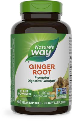 Nature&#39;s Way Ginger Root, Promotes Digestive Comfort*, Reduces Motion-Related Nausea*, 1,100 mg Per 2-capsule Serving, Non-GMO Project Verified, Vegan, 240 Capsules (Packaging May Vary)