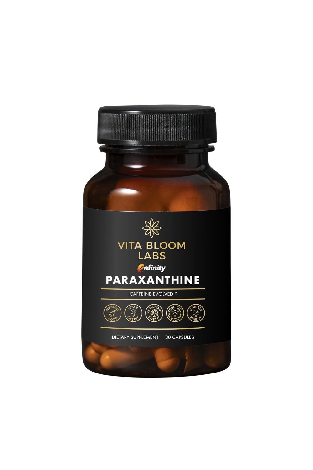 Vita Bloom Labs Enfinity Paraxanthine Capsules, Clean Energy &amp; Focus, Caffeine Alternative | 200 mg per Capsule | 30 Capsules per Bottle | Formulated in USA, GMP Certified, Non-GMO, Kosher