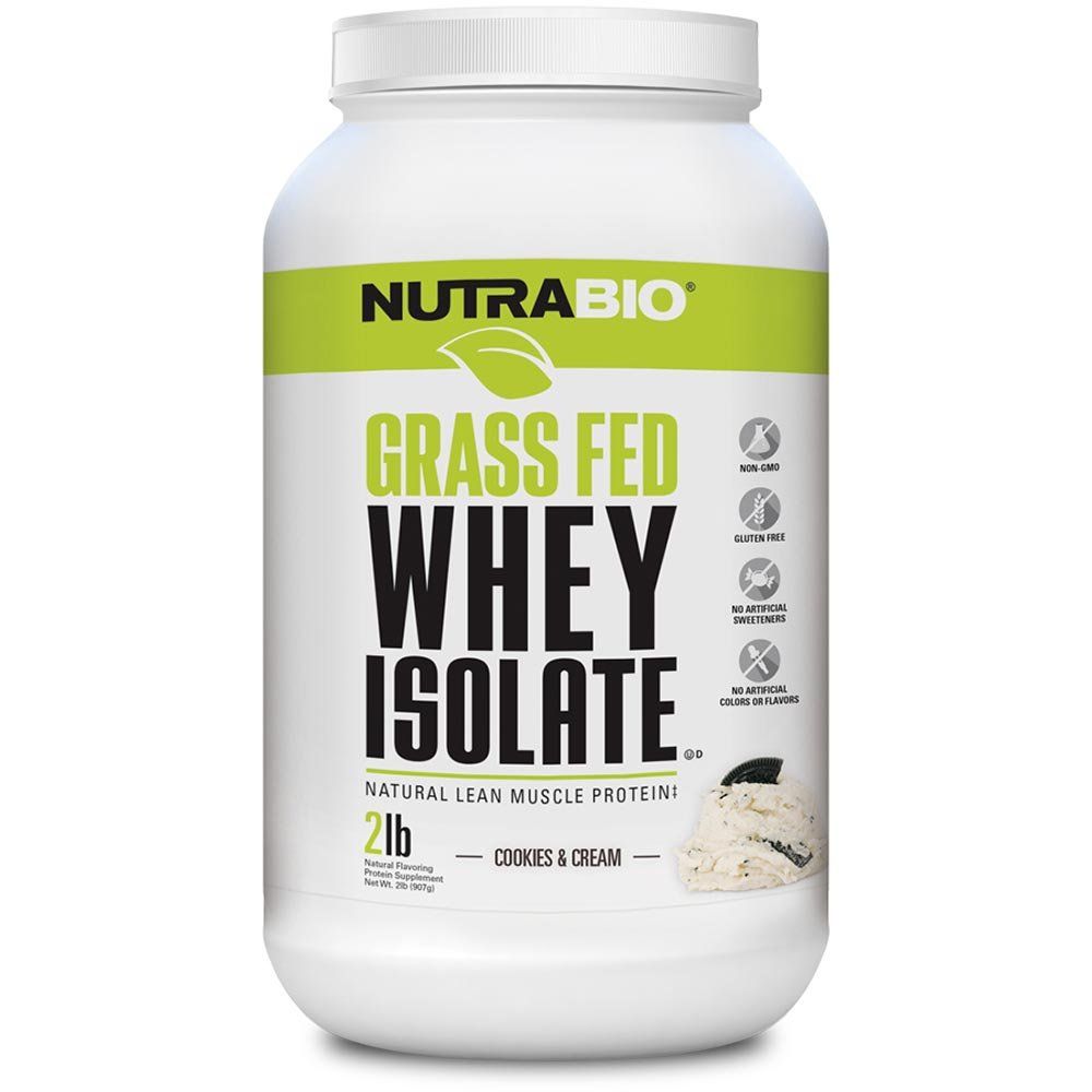 NutraBio Grass Fed Whey Isolate Protein Powder - 25G of Protein Per Scoop - Sugar Free Natural Lean Muscle Protein Supplement - Cookies &amp; Cream - 2 Pounds, 29 Servings