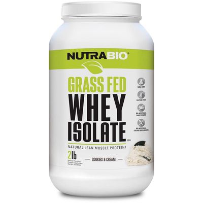 NutraBio Grass Fed Whey Isolate Protein Powder - 25G of Protein Per Scoop - Sugar Free Natural Lean Muscle Protein Supplement - Cookies &amp; Cream - 2 Pounds, 29 Servings