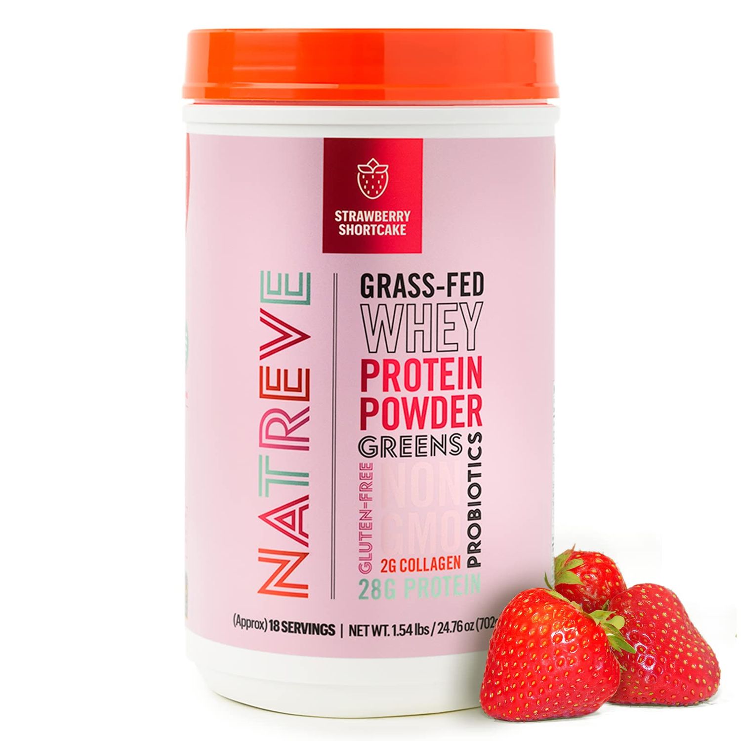 Natreve Whey Protein Powder - 28g Grass-Fed Whey Protein with Amino Acids, Probiotics &amp; Collagen - Gluten Free Strawberry Shortcake, 18 Servings