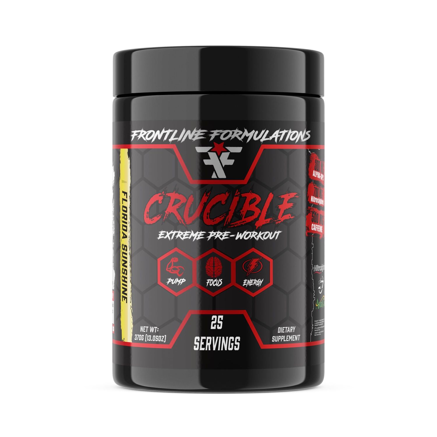 FRONTLINE FORMULATIONS Crucible Pre-Workout Powder, Explosive Workouts, Laser Focus, High Stim, Amazing Flavor, Veteran Owned and Operated (25 Servings, Florida Sunshine)
