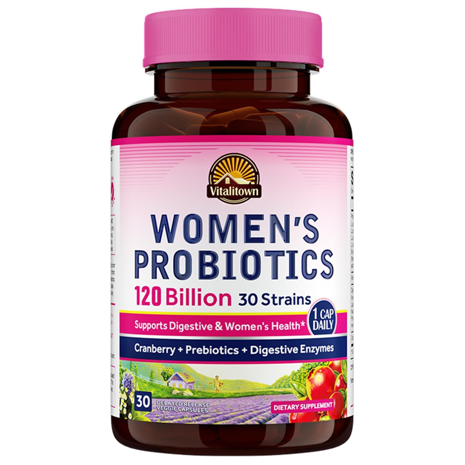 Vitalitown Probiotics for Women 120 Billion CFUs, 30 Strains, with Prebiotics &amp; Digestive Enzymes &amp; Cranberry, Gut &amp; Vaginal Health, Vegan 30 Delayed Release Caps