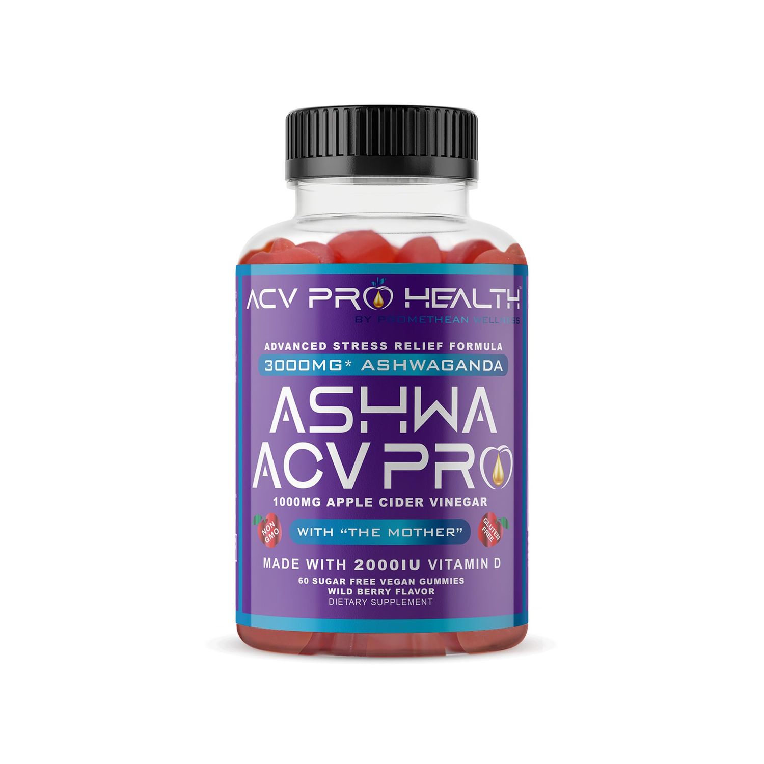 Ashwa ACV Pro Health - Sugar Free Apple Cider Vinegar Gummies, Ashwagandha Gummies, Advanced Keto ACV Gummies, Ashwagandha Supplements with Vitamin D, Stress Relief Supplement,1g Carbs Per Gummy Golo